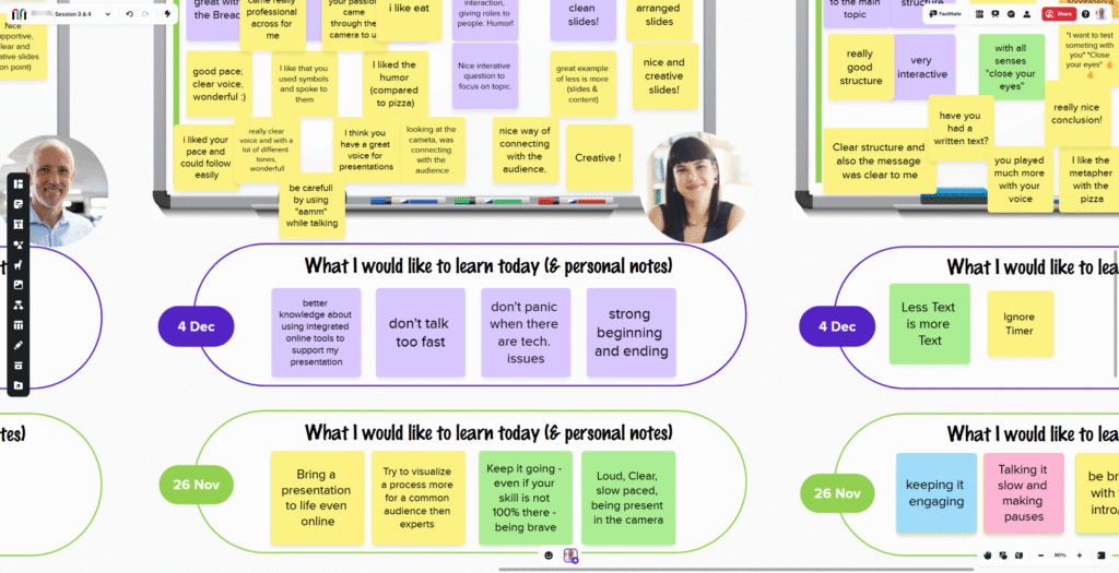 Participant feedback on virtual session: comments include 'good pace, clear voice', 'nice way of connecting with the audience', 'don't panic when there are tech issues
